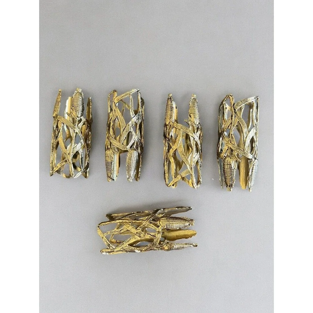 Vintage Brass Corn on the Cob Napkin Rings Set of 5 Harvest Thanksgiving Gold